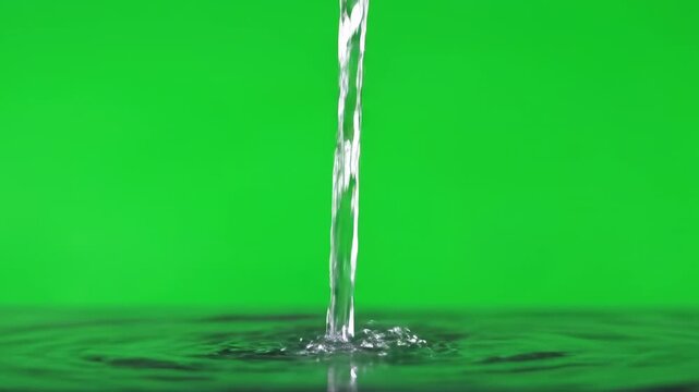 A gentle pour of water creating a soft, rippling splash as it hits a surface, isolated on green screen visualeffect, background, overlay