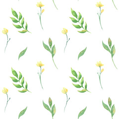Seamless watercolor pattern with green leaves and yellow flowers