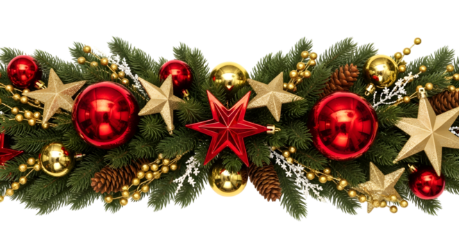 Christmas garland with pine branch, baubles, stars and pinecone isolated on transparent background