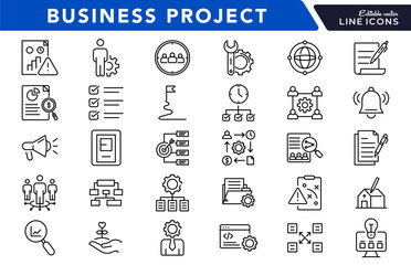 Strategy and business project linear icon set. Planning, teamwork, management, collaboration, timeline, milestones, goals, progress, tasks, company, vector thin line UI icon pack