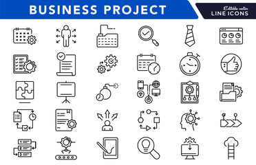 Business project and planning linear icon set. Strategy, teamwork, goals, timeline, collaboration, tasks, milestones, management, progress, company, vector outline icon set. Editable stroke