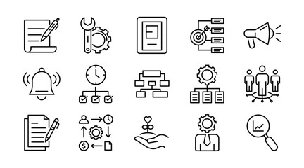 Business project and planning linear icon set. Strategy, teamwork, goals, timeline, collaboration, tasks, milestones, management, progress, company, vector outline icon set. UI thin line icon pack