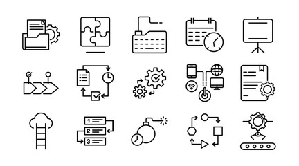 Strategy and business project linear icon set. Planning, teamwork, management, collaboration, timeline, milestones, goals, progress, tasks, company, vector thin line UI icon pack.