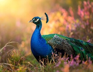 Obraz premium Peacock in a sunlit heather field