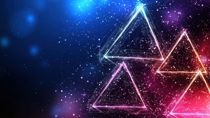 Abstract Geometric Triangles with Glowing Pink Red and Blue Light on Dark Blue
