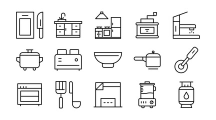 Cooking linear icon set. Kitchen, utensils, stove, dining, cookware, appliances, food preparation, ingredients, chef tools, culinary, meal, vector thin line UI icon pack.