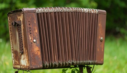 Rusty accordion in a garden setting