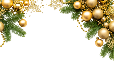Christmas garland with golden baubles and pine needles isolated on transparent background