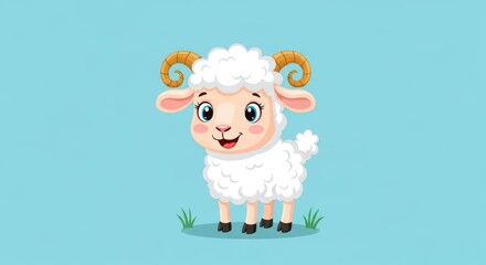 Fototapeta premium Adorable Cartoon Sheep Standing in Green Grass Under Blue Sky