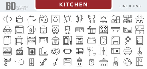 Kitchen linear icon set. Cooking, utensils, appliances, stove, cookware, food preparation, chef tools, dining, ingredients, culinary, outline icon set. Editable stroke