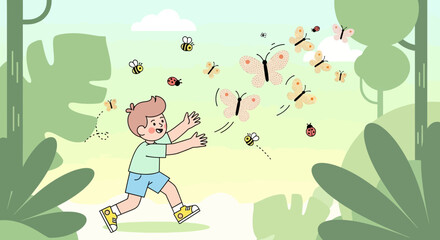 Boy Chasing Butterflies And Bees In A Forest, Nature, Summer, Happiness And Joy