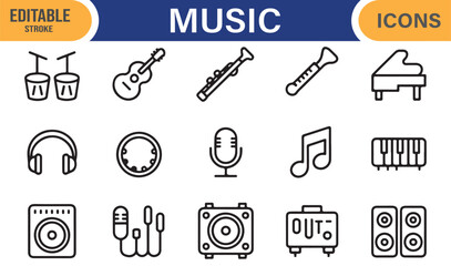 Outline icon pack for music design with instruments, speakers, and audio gear