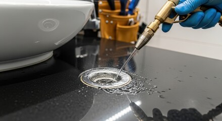 Plumber Using Drain Cleaning Jetter Tool to Unclog Sink Drain