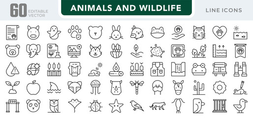 Animals and wildlife linear icon set. Mammals, birds, insects, forest, safari, nature, pets, endangered species, ecosystem, fauna, vector outline icon set. Editable stroke
