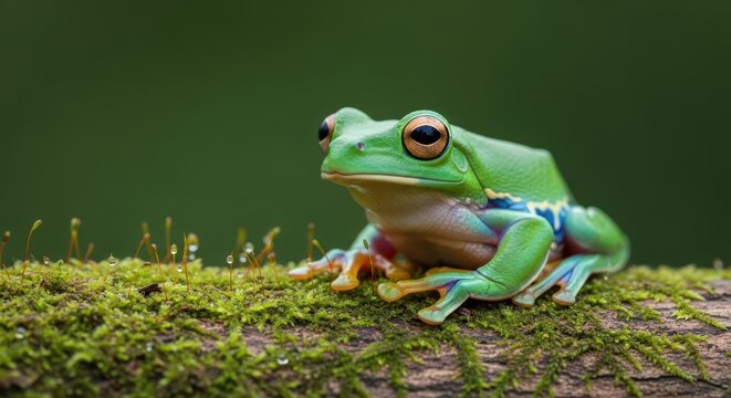 Vibrant Green Tree Frog Perched on Mossy Branch Against Lush Background