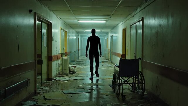 Haunting figures in an abandoned hospital hallway - Powered by Adobe