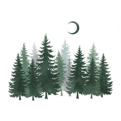 Obraz premium Watercolor Forest of Evergreen Trees with a Crescent Moon on White Background