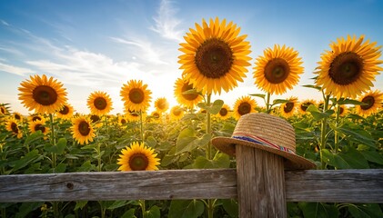 Vibrant Yellow Sunflower Field with Straw Hat on Weathered Wooden Fence at Sunny Golden Hour