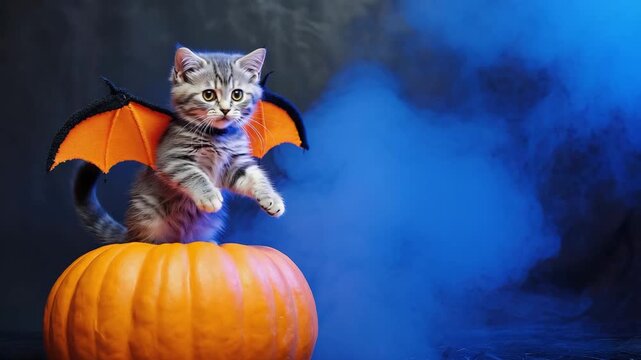 Cute kitten in bat wings on a pumpkin for Halloween fun