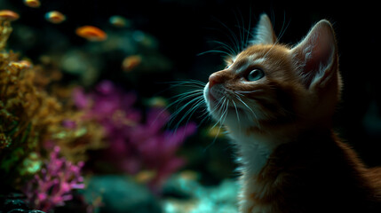 Kitten looking at fish in an aquarium, close-up, with space for text, suitable for banner design or stock photography