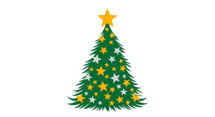 Beautifully Decorated Green Christmas Tree with Yellow and White Stars