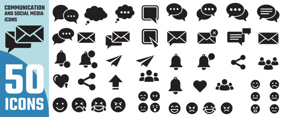 Collection of 50 communication and social media icons in black and white for digital design and web applications