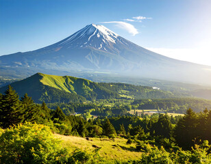 Fototapeta premium Scenic Viewpoint Overlooking a Lush Forest Valley and a Massive Conical Peak.