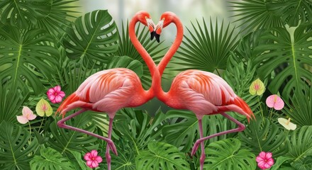 Fototapeta premium Enchanting Tropical Love Story of Two Flamingos Embracing in Heart Shape