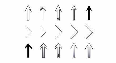 A set of fifteen minimalist arrow and chevron icons in different styles on a white background.