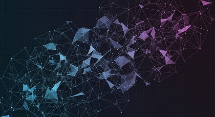 Abstract digital network of interconnected nodes and lines, forming a complex geometric structure with a gradient of blue and purple hues against a dark background.