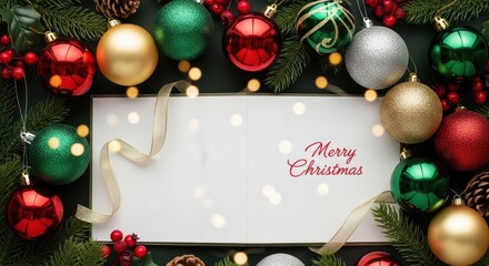 Festive Christmas Ornaments Surround a Merry Christmas Greeting Card