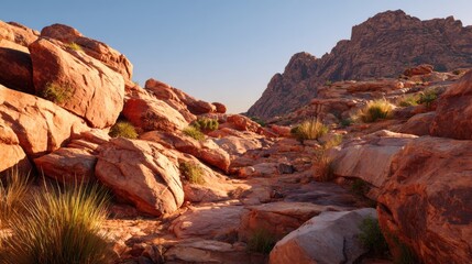 Scenic desert landscape with red rocks and rugged mountains under clear blue sky