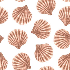 Seamless pattern with scallop. Hand drawn watercolor illustration of marine bivalve mollusk in shell on white background. Art of Seashell for nursery wallpaper, wraping paper, marine style decor