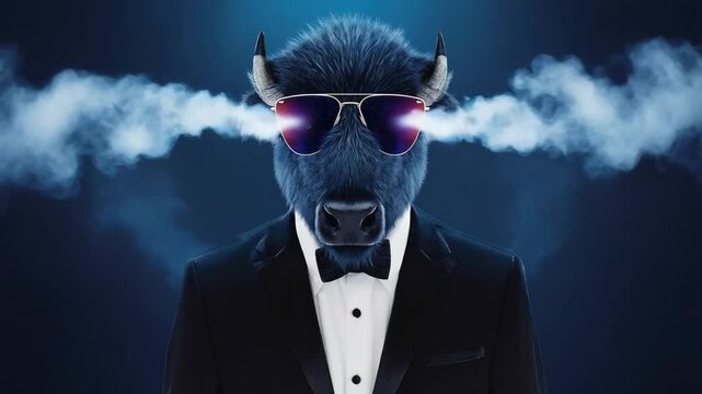 Stylish bull with sunglasses and smoke in elegant attire