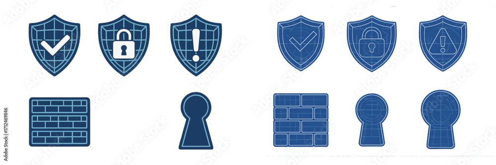 Aufkleber digital cybersecurity and data protection icons set featuring firewall and keyhole symbols for inter