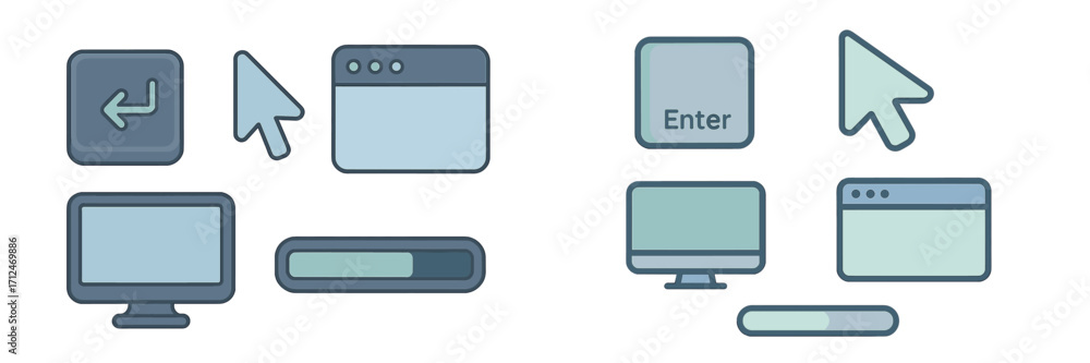Aufkleber collection of essential computer interface icons including mouse cursor, monitor, browser window, an