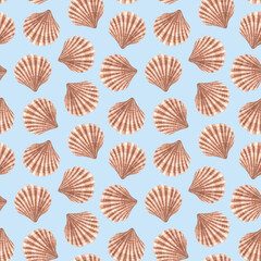 Seamless pattern with scallop. Hand drawn watercolor illustration of marine bivalve mollusk in shell on blue background. Art of Seashell for nursery wallpaper, wraping paper, marine style decor