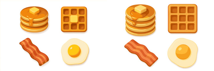Delicious breakfast food set with fluffy pancakes, golden waffles, crispy bacon, and sunny side up fried eggs for morning meals