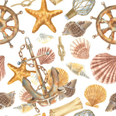 Seamless pattern with anchor, starfish, whimsical seashells, steering wheel, bottle, paper scroll, ship ropes with knots. Hand drawn watercolor illustration on white background for nautical design