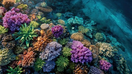 Obraz premium Vibrant colorful coral reef under clear blue ocean water with diverse marine life
