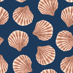 Seamless pattern with scallop. Hand drawn watercolor illustration of marine bivalve mollusk in shell on dark blue background. Art of Seashell for nursery wallpaper, wraping paper, marine style decor