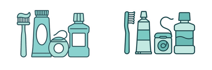 Collection of essential dental hygiene products including toothbrush, toothpaste, dental floss, and mouthwash