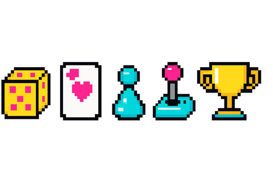 Vibrant pixelated graphic assets featuring classic board game pieces, arcade controls, and a winner's trophy for retro gaming projects and digital entertainment design elements