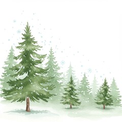 Obraz premium Watercolor Green Pine Trees in a Snowy Winter Landscape for Holiday Season