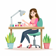 Modern vector illustration showing a nail technician working at a manicure table with professional tools and equipment. Minimalistic flat style artwork created with AI, ideal for beauty salon concepts
