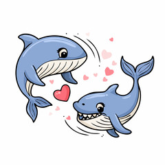 Naklejka premium Two cartoon whales in a playful, loving embrace, surrounded by hearts.