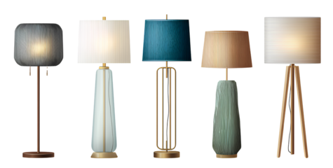 set of different modern floor lamps isolated on a transparent background, cutout as a png file with a white background 