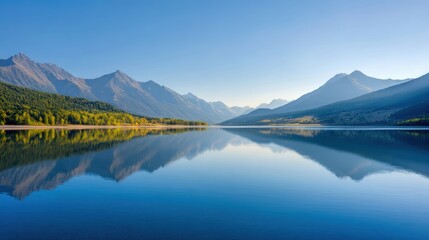 Serene mountain lake landscape with clear blue water reflecting majestic peaks and lush green forest