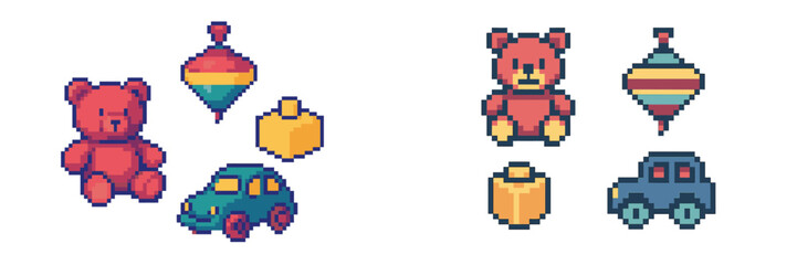 Fototapeta premium Collection of colorful pixel art toys including teddy bears, spinning tops, cars, and building blocks in a retro style