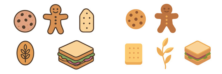 Delicious baked goods and a hearty sandwich featuring a gingerbread man, chocolate chip cookie, and wheat cracker